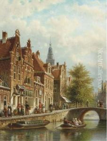 An Amsterdam Canal With The Westertoren Beyond Oil Painting by Johannes Franciscus Spohler