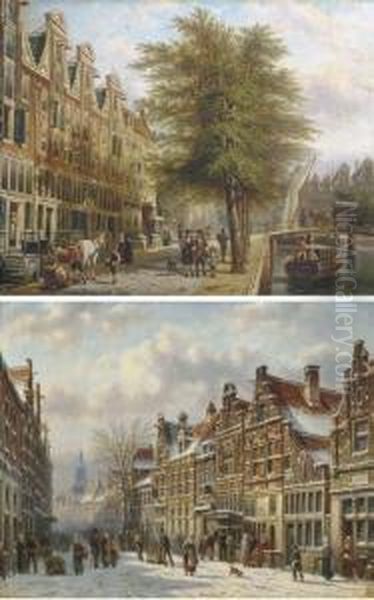 A Busy Town In Winter; And Gentlemen By An Amsterdam Canal Insummer Oil Painting by Johannes Franciscus Spohler