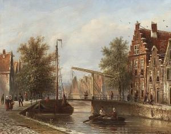 Figures Beside A Canal In A Dutch Town Oil Painting by Johannes Franciscus Spohler