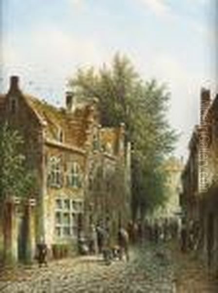 Town Scene With Figures On A Cobbled Street; Town Scene With Figures Beside A Canal Oil Painting by Johannes Franciscus Spohler