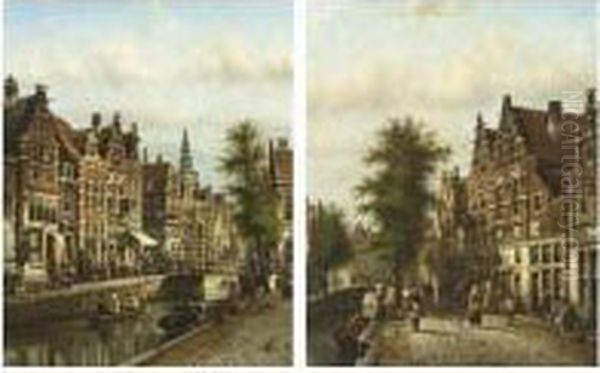 Figures On A Canal, Amsterdam; A View Of The Zuiderhavendijk, Enkhuizen (a Pair) Oil Painting by Johannes Franciscus Spohler