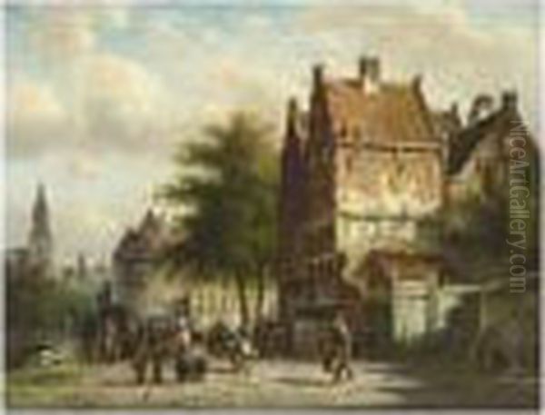 Figures In The Streets Of A Dutch Town Oil Painting by Johannes Franciscus Spohler