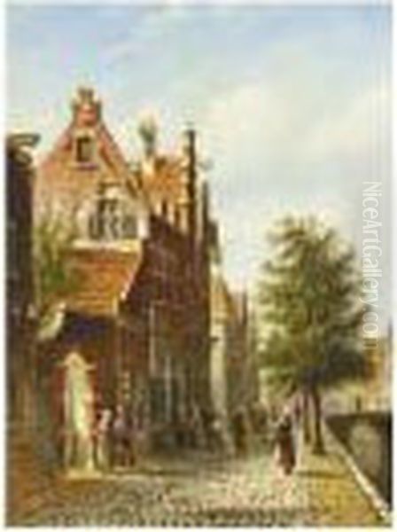 Figures In The Streets Of A Dutch Town Oil Painting by Johannes Franciscus Spohler