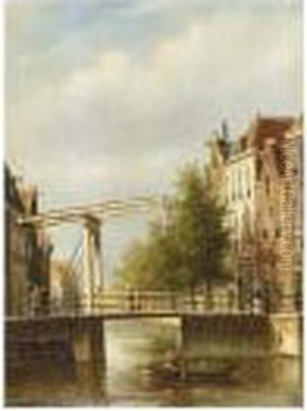 A Dutch Town With Figures Near A Drawbridge Oil Painting by Johannes Franciscus Spohler