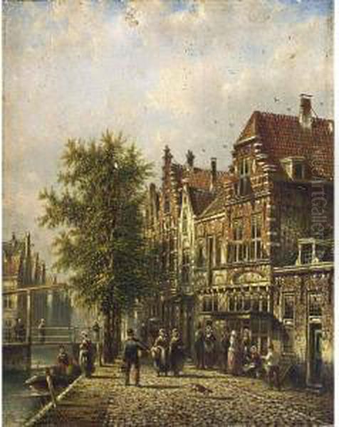 Villagers In The Streets Of A Dutch Town Oil Painting by Johannes Franciscus Spohler