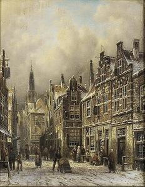 A Continental Town In Winter Oil Painting by Johannes Franciscus Spohler