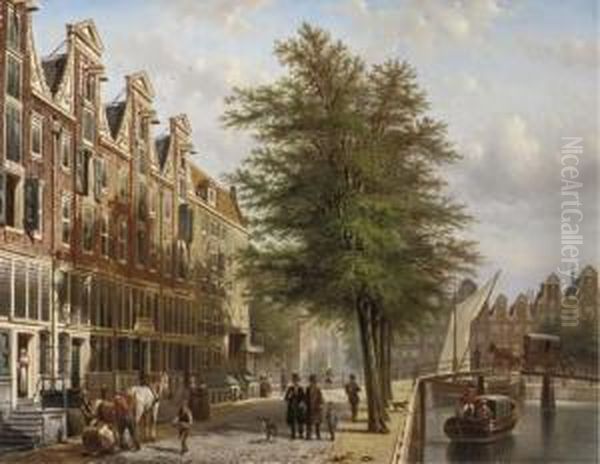 Daily Activities Along A Canal In A Dutch City, Amsterdam Oil Painting by Johannes Franciscus Spohler