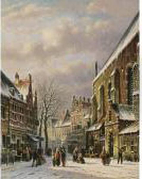 Villagers In The Streets Of A Wintry Town Oil Painting by Johannes Franciscus Spohler