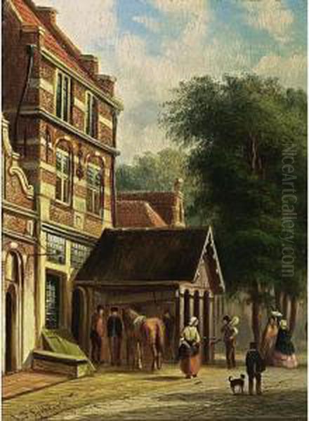 Figures In A Dutch Town Oil Painting by Johannes Franciscus Spohler