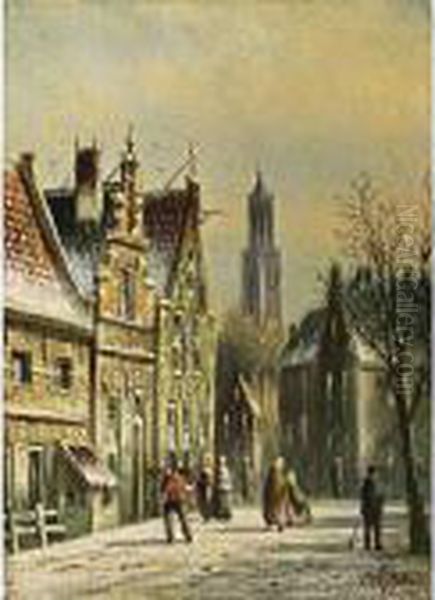 A Townscene In Winter, Utrecht Oil Painting by Johannes Franciscus Spohler