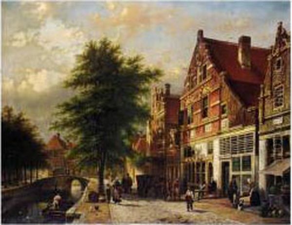 A Dutch Canal Scene Oil Painting by Johannes Franciscus Spohler