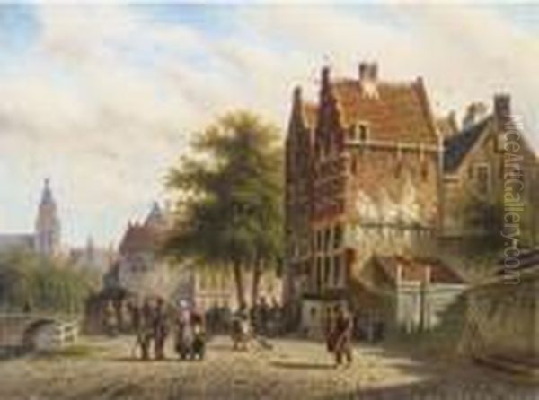 Townsfolk On A Sunlit Street Oil Painting by Johannes Franciscus Spohler