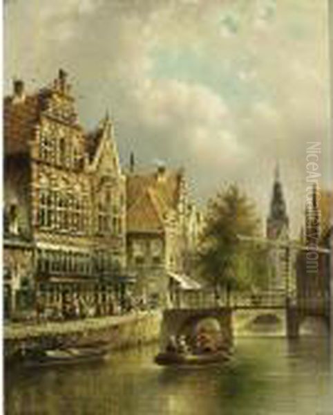 A View Of The Groenburgwal With The Zuiderkerk In The Distance, Amsterdam Oil Painting by Johannes Franciscus Spohler