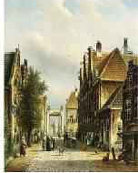 A Busy Street In A Dutch Town Oil Painting by Johannes Franciscus Spohler