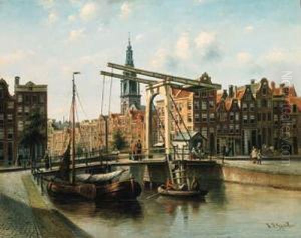 A Busy City Canal Scene Oil Painting by Johannes Franciscus Spohler