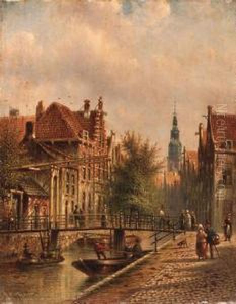 View Of A Canal In Amsterdam, With Figures On A Quay Oil Painting by Johannes Franciscus Spohler