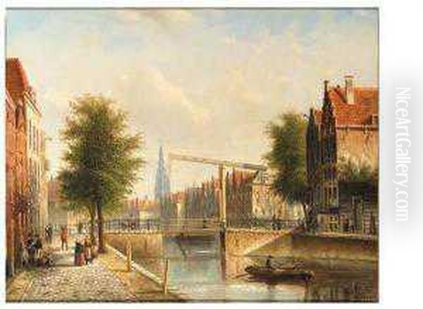 View Of A Town With Figures Strolling On A Quay Oil Painting by Johannes Franciscus Spohler