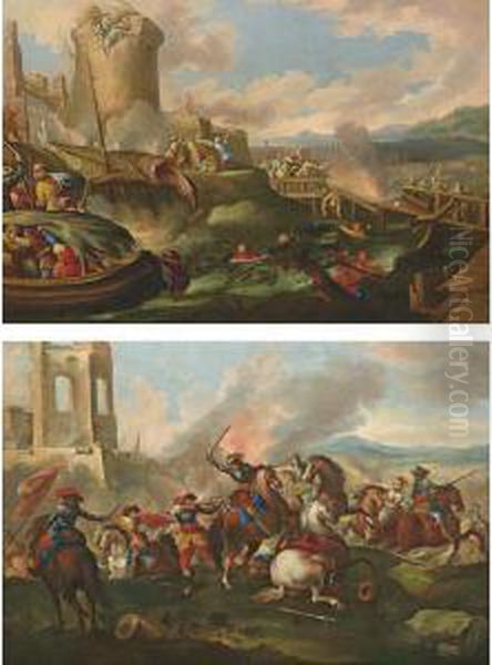 A) Battaglia Nei Pressi Di Un Ponte Oil Painting by Ilario Mercanti Spolverini