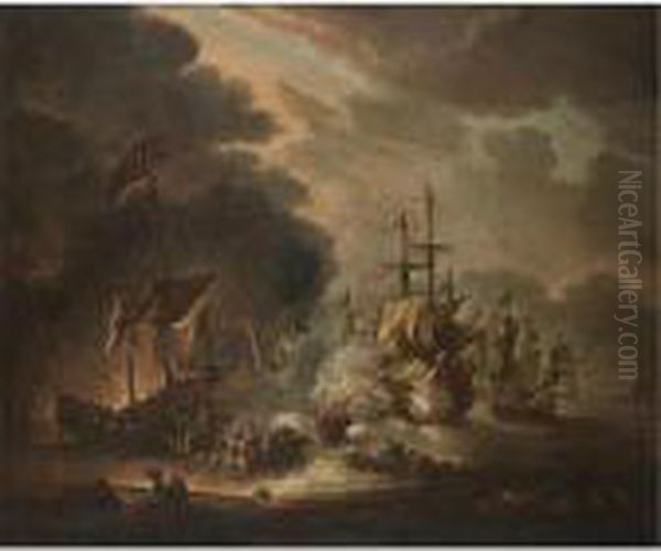 A Naval Engagement Between Turks And Christians Oil Painting by Ilario Mercanti Spolverini