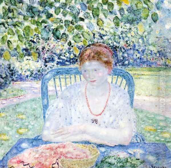 Sewing in the Garden Oil Painting by Frederick Carl Frieseke