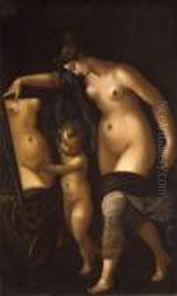 Venus Et Cupidon Au Miroir Oil Painting by Bartholomaeus Spranger