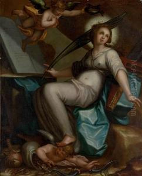 A Female Martyr Saint Triumphing Over The Love Of Gold, With The Tablets Of The Law Oil Painting by Bartholomaeus Spranger