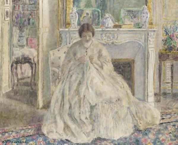 Woman Seated by a Fireplace Oil Painting by Frederick Carl Frieseke