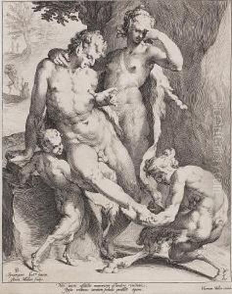 Satyr Removing A Thorn From A Fauns Foot (bartsch 71) Oil Painting by Bartholomaeus Spranger