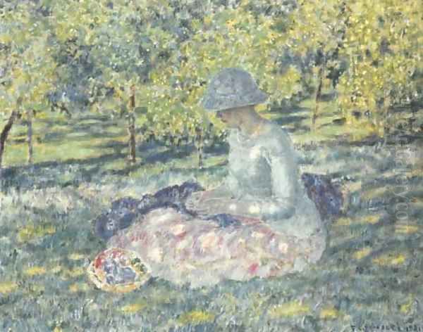 Woman Seated in a Park with Basket Oil Painting by Frederick Carl Frieseke