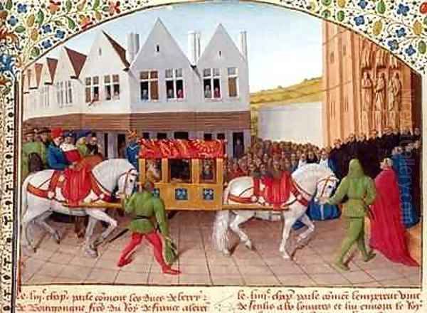 Arrival of Emperor Charles IV 1316-78 at the Basilica St Denis in 1378 Oil Painting by Jean Fouquet