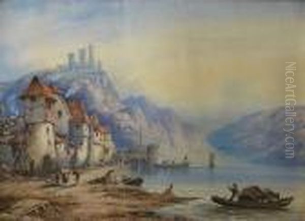 Figures On Shore Of Continental Lake And Fortified Town Oil Painting by Edwin St John