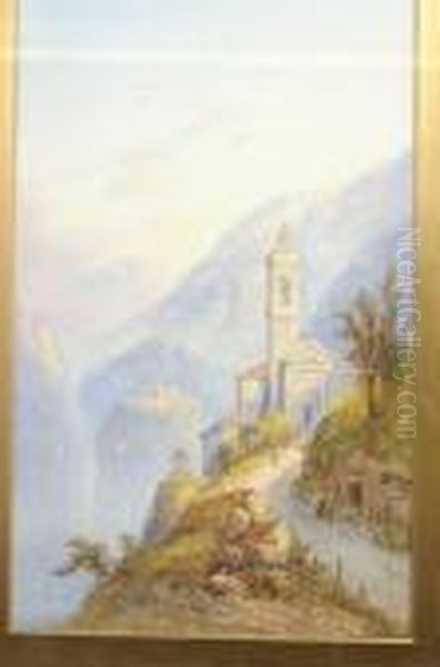 A Pair, Italian Scenes, Villa On Lake Lugano And On The Torno Road, Lake Como Oil Painting by Edwin St John