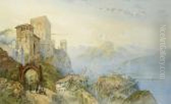 Italian Mountain Scene With Castle Oil Painting by Edwin St John