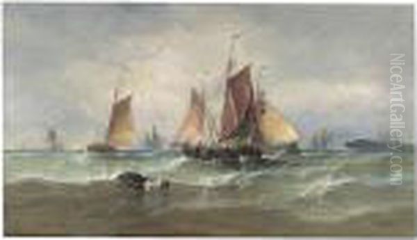 Fishing Boats Off A Jetty Oil Painting by Edwin St John