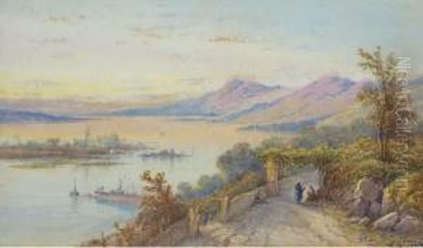 Figures Resting On A Track By A Lake; And A Fisherman In His Boat On A Lake Oil Painting by Edwin St John