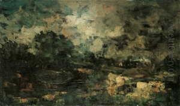 Bewegte Gewitterlandschaft. 
Verso Signiert: Adolf Staebli. Ol Auf Leinwand. H 31 Cm; B 50,5 Oil Painting by Adolf Stabli