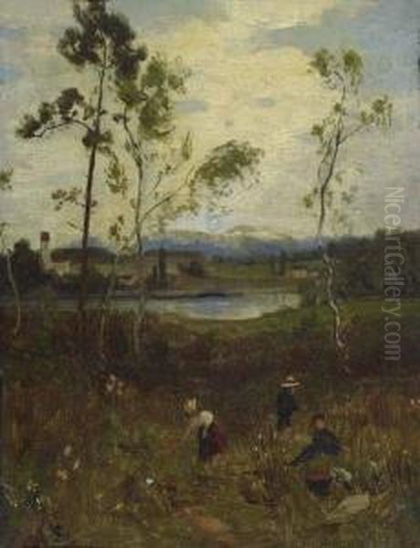 Landscape With Flower Pickers. Oil Painting by Adolf Stabli