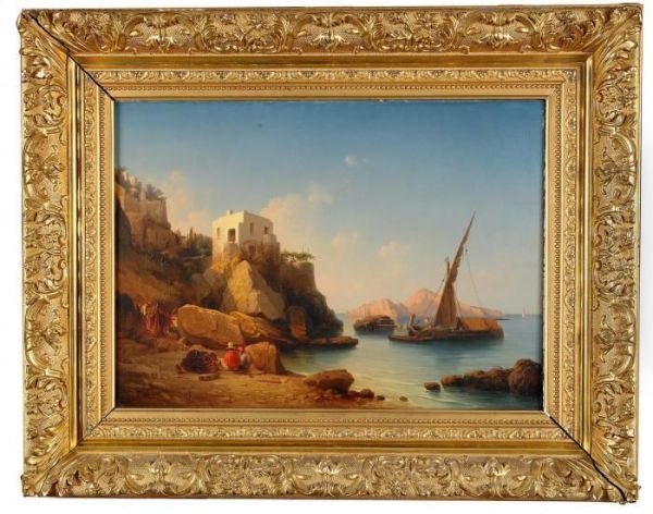 Italiensk Kustbild Med Fiskare Pa Stranden Oil Painting by Josef Magnus Stack