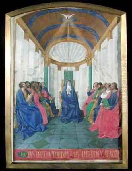 Pentecost from the Hours of the Cross and the Holy Spirit from the Hours of Etienne Chevalier Oil Painting by Jean Fouquet