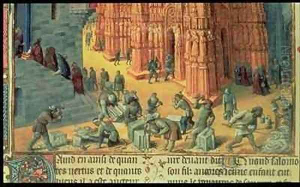 The Building of the Temple of Jerusalem detail showing masons at work Oil Painting by Jean Fouquet