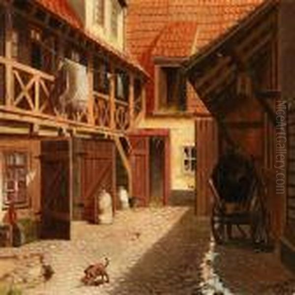 Yard With A Puppy Playing Oil Painting by Fritz Staehr-Olsen