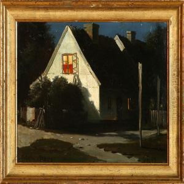 Moonlight In Thefishing Village Hornbaek Oil Painting by Fritz Staehr-Olsen