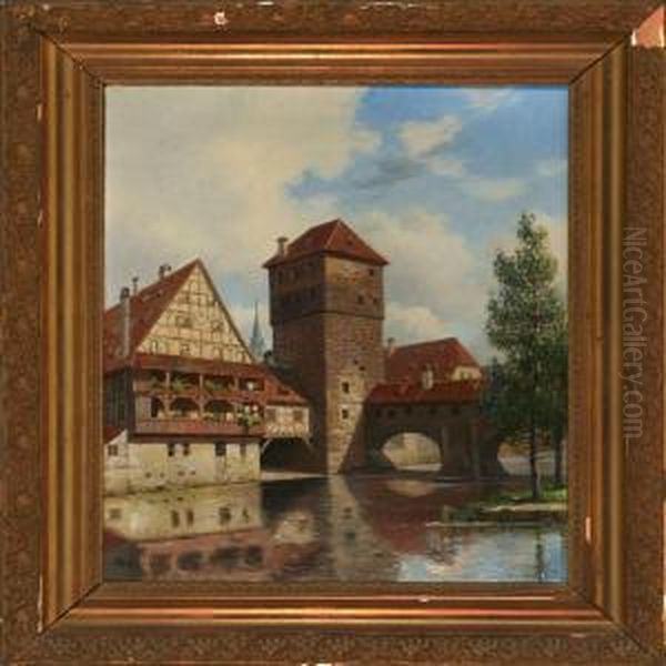 Canal Scenery Fromhenkersteg In Nuremberg Oil Painting by Fritz Staehr-Olsen