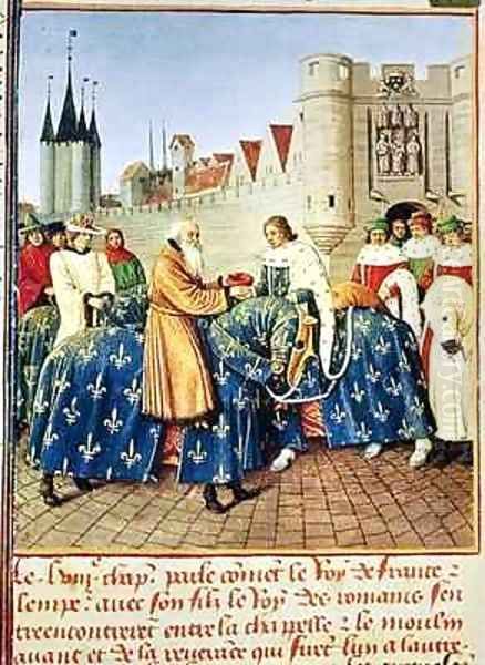 Ms Fr 6465 fol 444 Charles V 1338-80 receiving Emperor Charles IV 1316-78 at the Porte du Temple in Paris Oil Painting by Jean Fouquet