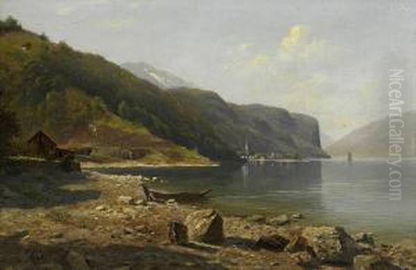 Walenseeufer Mit Muhlehorn.1894. Oil Painting by Balthasar, Balz Stager