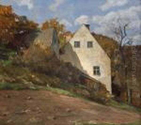 Bauernhauser In Herbstlicher
 Landschaft. Oil Painting by Albert Stagura