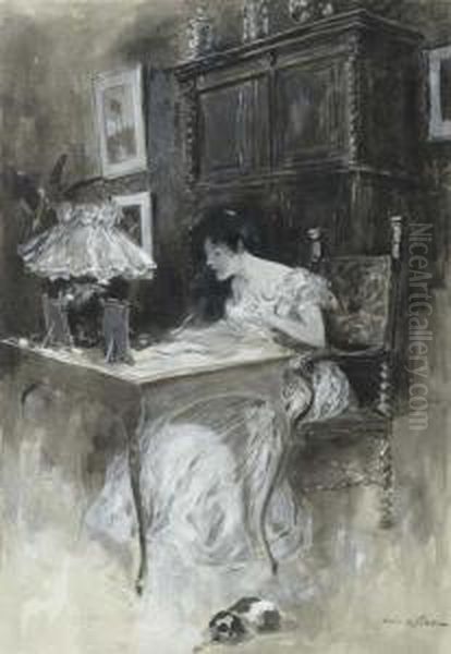 Dame Am Schreibtisch. Oil Painting by Friedrich Stahl