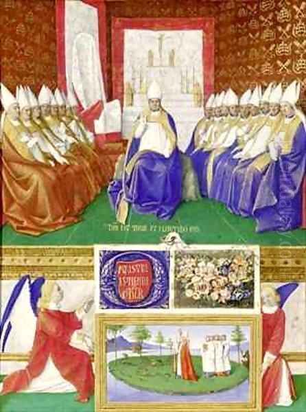 St Hilary of Poitiers Presiding over a Council from the Hours of Etienne Chevalier Oil Painting by Jean Fouquet