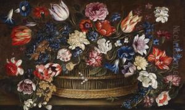 A Still Life With Flowers In A Basket Oil Painting by Giovanni Stanchi