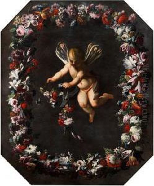 Putto Mit Libellenflugeln In Blutenkranzschwebend Oil Painting by Giovanni Stanchi